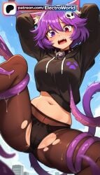 1girl 1girls 2026 ai_generated artist_name black_hoodie black_panties blush boobs breasts bust cat_ears cat_girl cat_tail chest electroworld heterochromia hi_res high_quality high_resolution highres hood navel open_mouth panties pantyhose patreon patreon_username purple_eyes purple_hair purple_panties stable_diffusion tail tentacles thighband_pantyhose tits torn_clothes torn_legwear torn_panties torn_shirt totless_(vtuber) underwear virtual_youtuber watermark