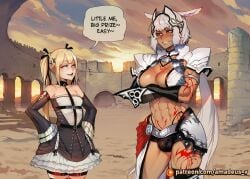 1girl abs ai_generated amadeus_v archway arms_crossed black_shorts black_thighhighs blonde_hair blue_eyes caenis_(fate) colosseum confrontation dark_skin dead_or_alive facing_another fate/grand_order fate_(series) floor frilled_dress futa_on_female futanari grin hand_on_hip long_hair looking_at_another marie_rose muscular_female open_mouth petite sarashi single_gauntlet slim small_breasts smirk standing stone_pillar sunset tattoo twintails white_apron white_hair yellow_eyes
