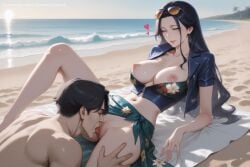 1boy 1girl ai_generated beach bikini black_hair breasts closed_eyes cunnilingus eyewear_on_head flower hair_ornament heart hetero hi_res high_quality high_resolution large_breasts long_hair lying navel nico_robin nipples nude on_back one_piece oral patreon pussy pussy_juice seductive sexy short_sleeves sitting stomach sunglasses swimsuit toned uncensored watermark