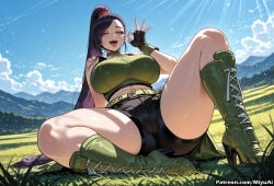 1girl ai_assisted ai_generated bare_shoulders belt black_gloves black_shorts boots breasts cross-laced_footwear curvaceous curvy curvy_female curvy_figure day dragon_quest female fingerless_gloves gloves grass high_heel_boots high_heels jade_(dq11) knee_boots lace-up_boots large_breasts long_hair looking_at_viewer midriff miyuai mountain open_mouth outdoors ponytail purple_eyes purple_hair shorts sitting sky sleeveless smile solo thick thick_ass thick_butt thick_hips thick_legs thick_thighs thighs voluptuous voluptuous_female watermark wide_hips wide_thighs
