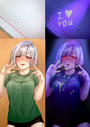 blush clothing fingers grey_hair heart-shaped_pupils licking_lips liquid notebook notebook-chan peace_sign shen_(artist) smile text tongue_out