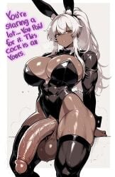 1futa ai_generated big_balls bowtie brown_eyes bunny_ears bunnysuit character_request dark-skinned_futanari dialogue huge_breasts massive_penis original_character speaking_to_viewer sweating sweaty sweaty_body talking_to_viewer thighhighs white_hair