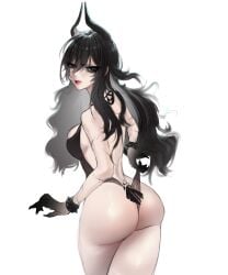 1girl 1girls absurdres ass back big_ass black_eyes black_hair black_hands black_horns black_one-piece_swimsuit breasts butt colored_extremities fat_ass female from_behind hair_between_eyes highres horns indie_virtual_youtuber large_breasts long_hair looking_at_viewer looking_back noro_(n0r0) one-piece_swimsuit solo swimsuit thick thick_ass thighs virtual_youtuber vtuber white_background