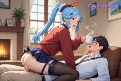 1girl ai_assisted ai_generated cock_in_pussy collar couch cowgirl creampie cyan_hair embarrassed fireplace hair_ornament harness high_ponytail hyrule_warriors inside lana leaning_forward moaning outside pale_skin parted_bangs purple_eyes pussy_sex red_sweater rolling_eyes saliva shaking side_view sitting skirt source_anime stockings tree white_shirt