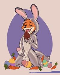 1boy candy canid canine carrot chocolate chocolate_egg clothed_masturbation clothing cosplay dessert disney easter egg erection food fox fur furry hi_res holidays male male_only mammal masturbation nick_wilde orange_body orange_fur plant rubber rubber_suit solo tobbywolf vegetable zootopia