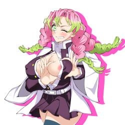 1girls 2024 alternate_background alternate_version_available areolae areolae_slip belt big_breasts black_skirt breasts cleavage clothing demon_slayer female female_only green_eyes green_highlights green_thighhighs hair hands_on_breasts heart_hands huge_breasts kanroji_mitsuri kimetsu_no_yaiba legwear mole mole_under_eye nipple_bulge nipples_visible_through_clothing one_eye_closed pink_hair short_skirt simple_background skirt smile solo solo_female takaiwaeitoku thighhighs thighs weapon white_background wink winking