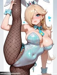 1girl ai_generated animal_ears aqua_leotard arlequin097 arm_support armpits bare_shoulders blonde_hair blue_eyes blue_leotard blue_necktie blush breasts cameltoe cleavage closed_mouth covered_navel crown detached_collar earrings fake_animal_ears fishnet_pantyhose fishnets hair_over_one_eye heart highleg highleg_leotard jewelry kneepits large_breasts leg_up leotard lips long_hair looking_at_viewer mario_(series) necktie nintendo one_eye_closed pantyhose patreon_username playboy_bunny princess_rosalina rabbit_ears smile solo split standing standing_on_one_leg standing_split star_(symbol) star_earrings strapless strapless_leotard super_mario_bros. sweat thighs white_background wrist_cuffs