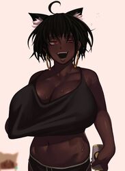 1girls ahoge ahoge_catgirl_(kevbot) black_hair breasts catgirl cleavage dark-skinned_female dark_skin drunk earrings female female_only hoop_earrings huge_breasts kevbot open_mouth original short_hair solo sweat very_dark_skin