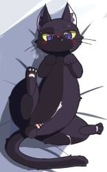 2025 5:8 animal_genitalia animal_penis balls bed bedding bedding_background blue_body blue_fur bodily_fluids breath cat_smile cat_tail cel_shading censor_bar censored censored_genitalia censored_penis cum cum_on_belly cum_on_body cum_on_leg cum_on_own_belly cum_on_own_leg cum_on_self cute_fangs digital_drawing_(artwork) digital_media_(artwork) domestic_cat fangs feet felid feline feline_genitalia feline_penis felis feral fur furniture genital_fluids genitals high-angle_view hindpaw inner_ear_fluff japanese_description looking_at_viewer lying lying_on_bed male male_feral mammal monotone_body monotone_fur mysidia_rabbit_(artist) on_back on_bed paw_pose paws penile_spines penis pose pupils purple_pupils quadruped shaded sheath solo sweat teeth tuft whiskers yellow_sclera