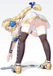 1girls armpits arms_up ass bent_over blonde_female blonde_hair blue_eyes breasts brown_thighhighs cleavage exposed_breasts female female_only long_hair panties pantyshot pantyshot_(kneeling) ponytail revealing_clothes sophitia_alexandra soul_calibur thighhighs underwear upskirt white_panties white_underwear yagi2105