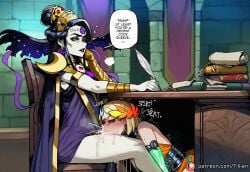 2girls ai_generated ancient_greek_clothes black_hair black_lips black_sclera blonde_hair book colored_sclera colored_skin cum cum_in_mouth english_text fellatio hades_(game) hades_2 laurel_crown melinoe_(hades) multiple_girls nyx_(hades) oral quill scroll sitting tillian yellow_eyes
