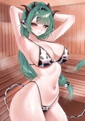 1girl 1girls absurdres animal_ears animal_print armpits arms_behind_head big_breasts bikini black_sclera breasts breedable_hips closed_mouth colored_sclera commentary cow_ears cow_girl cow_horns cow_print cow_print_bikini cow_tail crelly curvy dice_hair_ornament english_commentary female green_hair grey_eyes grey_sclera hair_ornament hairband heterochromia highleg highleg_bikini highres hips horns indie_virtual_youtuber large_breasts long_hair looking_at_viewer mismatched_sclera mole mole_under_mouth navel ponytail print_bikini red_eyes sauna sinonamon solo sweat swimsuit tail thick thighs tits virtual_youtuber vtuber wet wide_hips