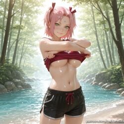 1girl ai_generated bangs bare_arms bare_shoulders beach black_shorts blush breasts closed_mouth clothes_lift cowboy_shot day facial_mark forehead_mark forest green_eyes hair_ribbon haruno_sakura kermixx large_breasts lifted_by_self lips looking_at_viewer medium_breasts naruto_(series) nature navel no_bra outdoors parted_bangs pink_hair red_ribbon red_shirt ribbon rock shiny shiny_hair shiny_skin shirt shirt_lift short_hair short_shorts shorts sleeveless sleeveless_shirt smile solo standing stomach sunlight sweat tree underboob undressing water watermark web_address wet