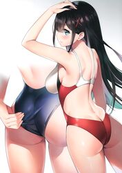 1girls absurdres ass ayamy bangs black_hair blue_eyes breasts butt_crack closed_mouth competition_swimsuit female female_only from_behind hair_ornament heart highres large_breasts lips long_hair looking_at_viewer looking_back multiple_views one-piece_swimsuit original shiny shiny_clothes shiny_hair shiny_skin simple_background solo solo_female swimsuit thighs x_hair_ornament