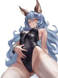 1girls animal_ears black_bunnysuit black_leotard blue_hair breasts brown_eyes bunnysuit erune_race_(granblue_fantasy) exposed_breasts female female_only ferry_(granblue_fantasy) granblue_fantasy leotard long_hair rinsystem thighhighs white_thighhighs