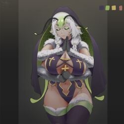 1girl 1girls antennae arthropod_girl bare_hips big_breasts black_sclera black_thighhighs braid breasts colored_sclera cross extra_arms female fishnets green_eyes green_hair hair_between_eyes highres huge_breasts indie_virtual_youtuber insect_girl insect_wings juniper_actias large_breasts looking_at_viewer massive_breasts monster_girl moth_antennae moth_girl moth_wings multicolored_hair nun nun_headdress pointy_ears praying revealing_clothes simple_background solo thick_thighs thighhighs thighs tits twin_braids virtual_youtuber vtuber white_hair wide_hips wings