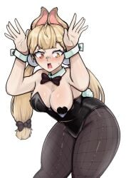 1girls alice_thymefield animal_ears artist_request bangs bare_shoulders black_legwear blonde_hair blush bow bowtie breasts bunny_ears bunny_girl bunny_pose bunny_tail bunnysuit cleavage detached_collar fishnet_legwear fishnets leaning_forward leotard long_hair looking_at_viewer open_mouth orange_eyes pantyhose solo strapless tail tongue twintails wrist_cuffs zenless_zone_zero