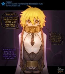 1boy 1girls 2d alley chains dialogue don_quixote_(limbus_company) english_text female female_focus hair index_don_quixote leoderorero light-skinned_female light_skin limbus_company looking_at_viewer male project_moon shirt skirt suit text text_bubble thought_bubble tie video_games yellow_eyes yellow_hair