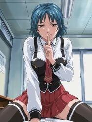 1boy 1girls academy_uniform_(bible_black) accurate_art_style ai_generated alternate_costume bible_black bible_black_only big_breasts blue_hair brown_eyes classmates classroom clothed_sex cowgirl_position female finger_to_mouth front_view hi_res high_resolution huge_breasts implied_sex kurimoto_maki light_blue_hair looking_down male male_pov necktie no_panties outdoors partial_male pleated_skirt pov school school_uniform schoolgirl shirt short_hair shush shushing skirt smile straddling straight suspenders teasing teasing_penis teasing_viewer tennis_uniform thighhighs thighs tied_up uncensored upright_straddle vest