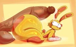ass_bigger_than_head bandage bunny_girl bunny_tail completely_nude conelia_(rabbit5gamer) cum cum_in_head female hyper hyper_ass hyper_penis label looking_at_penis nude oc plushie rabbit5gamer surprised sweat yellow_fur