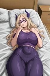 1girls ai_generated bed bedroom big_breasts blonde_female blonde_hair curvy curvy_body curvy_female curvy_figure huge_breasts large_breasts leggings light-skinned_female light_skin long_hair looking_at_viewer lying lying_on_back mature_female mount_lady my_hero_academia pillow purple_eyes seductive seductive_look seductive_smile shiny shiny_skin solo solo_female tank_top