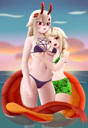 2girls 4024 areola_slip beach bikini breast_grab collarbone doomel_shrimp hug indie_virtual_youtuber large_breasts memel_shrimp mirednesy monster_girl navel sea self_upload shrimp shrimp_girl shrimp_tail siblings silver_hair sisters small_breasts swimsuit virtual_youtuber white_hair yuri
