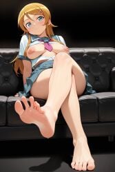 ai_generated black_background breasts_out couch_sitting foot_fetish kousaka_kirino ore_no_imouto_ga_konna_ni_kawaii_wake_ga_nai sagging_breasts school_uniform toes toes_spread