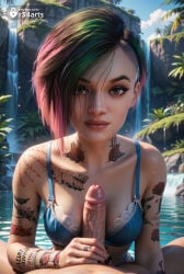 1boy 1boy1girl 1girls ai_generated arm_tattoo artist_name asymmetrical_hair black_hair black_nails blue_bikini blue_bra bra breasts brown_eyes cd_projekt_red collarbone cyberpunk_2077 day erection female green_hair handjob hetero hi_res jewelry judy_alvarez lips looking_at_viewer medium_breasts multicolored_hair nail_polish nose outdoors penis pink_hair pov r34arts short_hair solo_focus tattoo two-tone_hair uncensored underwear veins veiny_penis watch water wristwatch