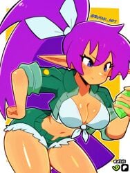 1girls big_breasts blue_eyes bottomwear breasts bushii_(bo0xhy) cleavage crop_top female female_only gem green_jacket green_shorts hair hips holding_object pointy_ears ponytail purple_hair shantae shantae_(character) shantae_(relic_hunter) shantae_advance:_risky_revolution short_shorts shorts solo solo_female thighs tied_hair topwear white_crop_top wide_hips