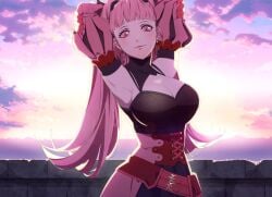 1girls armpits arms_behind_head arms_up belt big_breasts blush breasts cleavage closed_mouth detached_sleeves earrings female fire_emblem fire_emblem:_three_houses hilda_valentine_goneril hilda_valentine_goneril_(timeskip) jewelry large_breasts long_hair looking_at_viewer nintendo official_art outdoors pink_eyes pink_hair sky solo