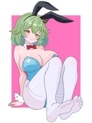 blush bunny_ears bunny_girl cleavage closed_mouth dragon_musume_ni_naritakunai! duel_masters feet foot_fetish foot_focus gaiash_kaiser,_the_meteor huge_breasts leotard looking_at_viewer nagareboshi_asche pantyhose seductive smile soles toes