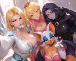 2d 2d_(artwork) 4girls ai_generated anthro bat bat_girl blonde blonde_female blonde_hair blue_eyes blue_eyeshadow blue_lipstick cleavage clothed clothed_female clothing crossover dc dc_comics emma_frost emma_frost_(marvel_rivals) eyeshadow friends goth goth_girl green_eyes high_resolution highres hood hood_up hoodie huge_breasts human humanoid looking_at_viewer mario_(series) marvel marvel_comics marvel_rivals mommy multiple_girls nintendo pose posing posing_for_the_viewer princess princess_peach purple_hair raven_(dc) revealing revealing_clothes rouge_the_bat royal royalty sega selfie selfie_pose sexy sexy_female sonic_(series) sonic_the_hedgehog_(series) super_mario_bros. superhero superheroine teen_titans thief tight_clothing tight_fit