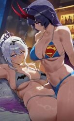 2girls ai_assisted ai_generated batman_(cosplay) batman_(series) batman_logo bikini bikini_bottom bikini_top blue_eyes cosplay cosplay_sex crossover crossover_cosplay dc dc_comics honkai_(series) honkai_impact honkai_impact_3rd kiana_kaslana kiana_kaslana_(herrscher_of_finality) lesbian lesbian_sex purple_eyes purple_hair raiden_mei raiden_mei_(herrscher_of_thunder) superman_(cosplay) superman_(series) superman_logo themed_clothes white_hair yuri