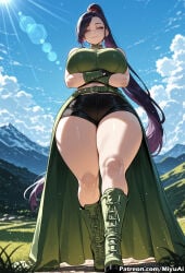 1girl ai_assisted ai_generated arms_under_breasts bangs bare_shoulders beach belt black_footwear black_gloves black_hair boots breasts crossed_arms curvaceous curvy curvy_female curvy_figure dragon_quest earrings female gloves high_heel_boots huge_breasts jade_(dq11) jewelry knee_boots long_hair looking_at_viewer miyuai ocean ponytail purple_eyes purple_hair shorts sky smile solo standing thick thick_ass thick_butt thick_hips thick_legs thick_thighs thighs very_long_hair voluptuous voluptuous_female watermark wide_hips wide_thighs