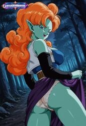 1girl absurd_res absurd_resolution absurdres ai_assisted ai_generated alien anime bare_legs black_gloves blue_eyes blue_tube_top blush bushy_pubes cleavage clothes_around_waist clothes_lift colored_skin cowboy_shot curly_hair curvy dark_background dbz digital_art dragon_ball dragon_ball_super dragon_ball_z earrings elbow_gloves fang female_focus forest from_below glossy_skin gorgeous gorgeous_female green_skin groin hair_between_eyes hairy hairy_pussy hentai jewelry lace_panties large_breasts long_hair looking_at_viewer low_angle midriff navel necklace night open_mouth orange_hair outdoors panties pantyshot patreon pendant pointy_ears pubic_hair purple_skirt rating_explicit sexy sexy_body sexy_pose skirt_lift smile solo standing strapless thick_thighs trees tube_top underwear very_long_hair vest voluptuous_female white_panties white_vest wide_hips zangya