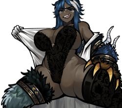big_ass big_breasts dark-skinned_female dark_skin eclipseecliptus female_focus female_only flashing flashing_breasts leotard licking_lips limbus_company project_moon rufo_(limbus_company) seductive seductive_look seductive_smile skimpy skimpy_clothes solo solo_female spread_legs thick_thighs tongue tongue_out undressing wide_hips