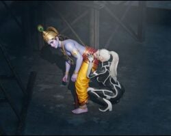 ai_generated bending_over black_cat_(insomniac) black_cat_(marvel) black_hair blue_skin caucasian_female crossover crossover_couple crossover_pairing crossover_sex crossover_ship crossover_shipping eating eating_ass edited edited_art felicia_hardy gold_jewelry hindu hindu_mythology hinduism indian_clothes indian_male krishna krishna_(hinduism) marvel marvel_comics peacock_feather rimjob rimming rimming_female sexy sexy_body sexy_female sexy_pose sexy_woman spider-man_(series) white_hair white_skin