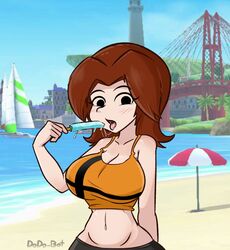 1girls beach black_eyes blush breasts brown_hair cleavage clothed clothing dodo-bot female female_only food large_breasts looking_at_viewer midriff midriff_baring_shirt mii mii_gunner mii_gunner_(smash_4) mob_face navel nintendo open_mouth outdoors popsicle saliva saliva_trail sexually_suggestive solo summer super_smash_bros. super_smash_bros._for_nintendo_3ds_and_wii_u tongue_out