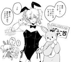 1boy alternate_costume anger_vein annoyed bunny_ears bunnysuit canon_crossdressing crossdressing gintama gintoki_sakata hand_on_hip japanese_text male male_focus male_playboy_bunny monochrome paako solo_focus twintails wig