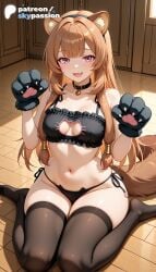 1girls 2026 ai_assisted ai_generated animal_hands anime boobs breasts bust cat_lingerie cleavage_cutout clothing_cutout hi_res high_quality high_resolution highres long_hair meme_attire on_floor panties patreon patreon_username paw_gloves raphtalia side-tie_panties skypassion stable_diffusion tate_no_yuusha_no_nariagari the_rising_of_the_shield_hero tiles tits underwear watermark wooden_floor