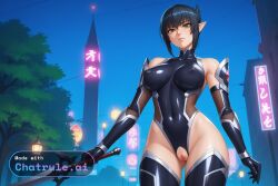 1girl ai_assisted ai_generated armor bangs bare_shoulders black_bodysuit black_hair city cityscape clouds cowboy_shot crotchless curvy dark_theme depth_of_field detailed_pussy detailed_skin dynamic_lighting elbow_gloves film_grain fishnets forest gloves green_eyes high_contrast highly_detailed kagami_hirotaka koukawa_oboro looking_at_viewer medieval_fantasy neon_lights night night_sky outdoors photo pointy_ears portrait realistic soft_shading taimanin_asagi_zero taimanin_suit thigh_gap video_game visible_pussy