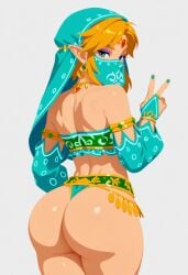 1boy 1femboy 2025 ai_generated alternate_version_available aqua_bikini aqua_bikini_bottom aqua_nail_polish aqua_nails aqua_veil ass big_ass bikini bikini_bottom blonde_hair blue_eyes breath_of_the_wild crossdressing eyebrows eyelashes eyeshadow femboy feminine_male gerudo_link girly link link_(breath_of_the_wild) looking_at_viewer mouth_veil nail_polish peace_sign pointy_ears purple_eyeshadow simple_background solo standing the_legend_of_zelda thick_thighs thighs trap v v_sign veil vuurtoren white_background