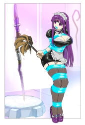 1girls apron arms_behind_back black_clothing black_dress black_eyes bondage bound bound_ankles bound_arms bound_legs bound_wrists bra cleaning cleaning_tool cleavage dress empty_eyes eudetenis feather_duster female female_only femsub fern_(sousou_no_frieren) frieren_beyond_journey's_end gag gagged high_heels magic_staff maid maid_dress maid_headdress maid_uniform mind_control mind_control_chip mini_dress panties panty_peek pantyshot pantyshot_(standing) platform_heels puffy_sleeves purple_eyes purple_hair shiny_clothes shiny_dress short_dress sousou_no_frieren staff stockings suspenders tape tech_control thighhighs uniform white_panties
