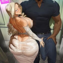 1boy 1girls ai_generated big_ass blush bodycon_dress choker dark-skinned_male groping groping_ass highres huge_ass huge_cock imminent_sex larger_male light-skinned_female looking_at_viewer love_hotel mount_lady my_hero_academia nipples_visible_through_clothing novelai nullzer0 penis_outline prostitution see-through_clothing skin_tight straight tagme takeyama_yuu thicc thick_thighs waifu