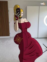 1futa 2d armwear artist_upload ass athletic_futa big_breasts big_penis blonde_hair blonde_haired_female bulge caucasian caucasian_futa clothing cock_bulge cute dress dress_bulge earrings erection erection_under_clothes fat_ass futa_bubble_butt futa_bulge futa_only futanari grabbing_phone green_eyes highres huge_cock lip_gloss oc perfect_body phone pinup plants plump_lips red_dress ring_light selfie short_hair shoulder_exposed solgain solo solo_focus solo_futa thick_thighs transparent_clothing trend wide_hips