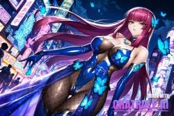 1girl ai_assisted ai_generated armor asian bare_shoulders black_bodysuit blue_butterfly blue_dress bug butterfly city cityscape clouds cosplayer cowboy_shot crotchless curvy dark_theme detached_sleeves detailed_pussy dress dynamic_lighting earrings elbow_gloves fishnets gloves grey_eyes hair_ornament high_contrast jewelry kagami_hirotaka koukawa_oboro long_hair looking_at_viewer neon_lights night night_sky outdoors red_hair soft_shading solo_focus taimanin_asagi_zero taimanin_suit thigh_gap upper_body visible_pussy