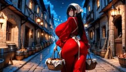 ai_generated alley apron baconman55 facing_away holding_object huge_breasts kerchief looking_at_viewer night red_dress red_eyes rope_belt smiling