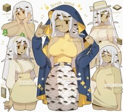 baggy_clothing bakuatsukiyu breasts covered_nipples headgear large_breasts long_hair minecraft one_eye_closed open_mouth original_character pale-skinned_female pale_skin shirt skirt slim_waist tagme thick_thighs tight_clothing tongue tongue_out topless voluptuous white_hair wide_hips