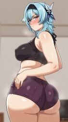 ai_generated ass ass_focus athletic_female back_view breasts covered_nipples curvy_figure eula_(genshin_impact) fat_ass genshin_impact gym_uniform hot_body hoyoverse huge_ass huge_breasts looking_at_viewer shorts smell sports_shorts sports_uniform sportswear steam sweat thick_thighs tight_clothing