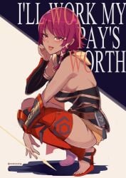 1girls :d :p armpits arrow_(projectile) bare_arms bare_back black_background blush breasts character_request dark-skinned_female dark_skin english_text female female_only fire_emblem fire_emblem:_fortune's_weave from_side grey_background hand_on_own_cheek hand_on_own_face hand_up highres holding holding_arrow looking_at_viewer looking_to_the_side medium_breasts red_eyes red_hair revolverwingstudios sandals short_hair sideboob smile solo squatting text thighs tiptoes tongue tongue_out two-tone_background